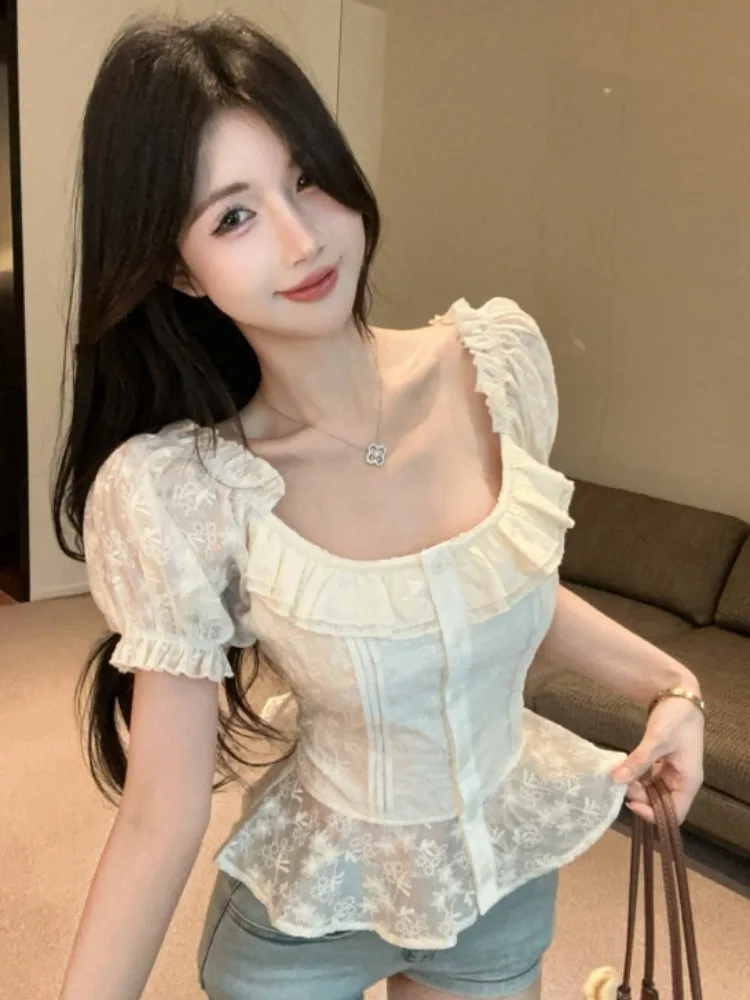 

Elegant Beautiful Lace Trimmed Bubble Sleeve Shirt Women Summer Slim Fit Top Korean Style Commute Fashion Short Sleeve Blouse