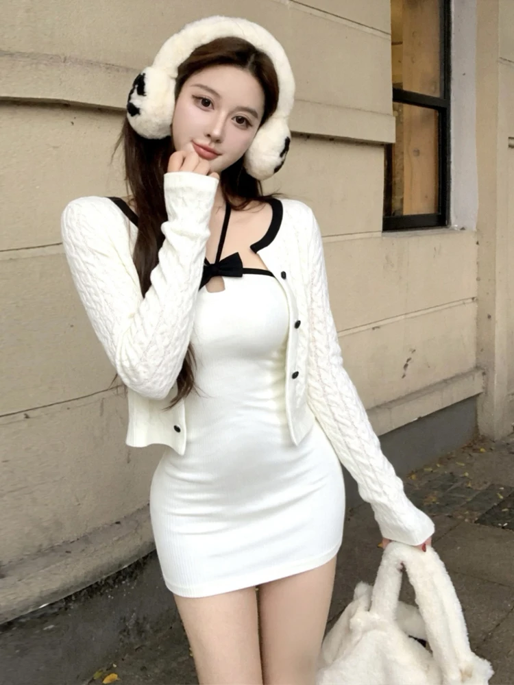 Sexy Retro Neck Hanging Color Block Slim Fit Tube Dress Long Sleeve Open Cardigan Short Top Fashionable Two Piece Set for Women
