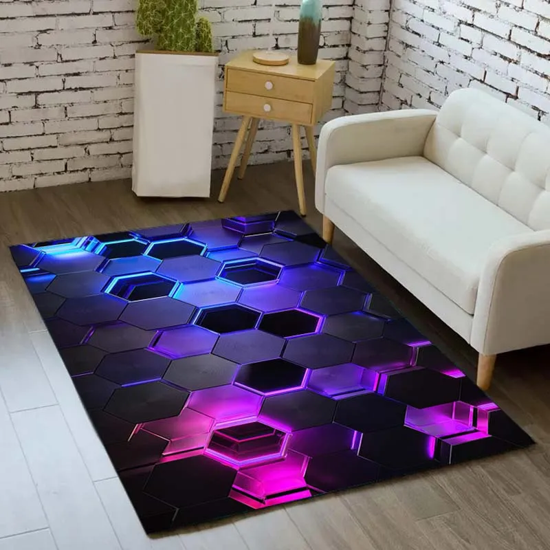 Cyberpunk 3D Visual Crack Crystal Velvet Gaming Rug Non Slip Soft Decorative Mat Neon Glow Geometric Carpet for Game Room