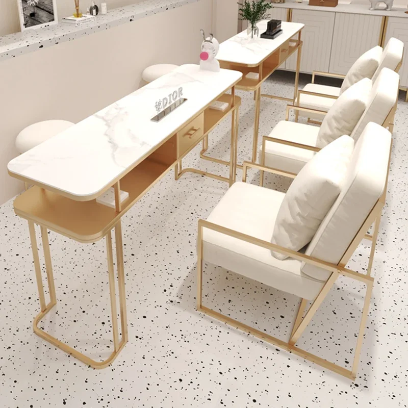 

Nordic Iron Art Nail Tables Cream Style Nordic Manicure Multifunction Nail Tables Marble Tabletop Professional Furniture FYMT