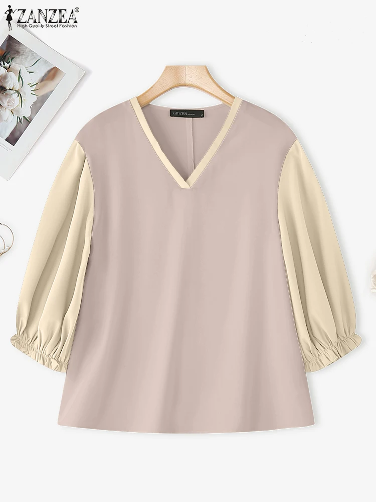 

ZANZEA 2025 Elegant Blouse Autumn Lantern Sleeve Women V-Neck Color Patchwork Casual Shirts Fashion Office Lady Korean Blusas