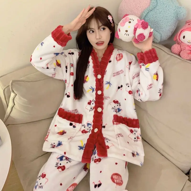 New Sanrio Sleepwear Hello Kitty Pajamas Warm Thickened Woman Winter Cartoon Home Suit Sweet Nightgowns Cute Loungewear Pj Pants