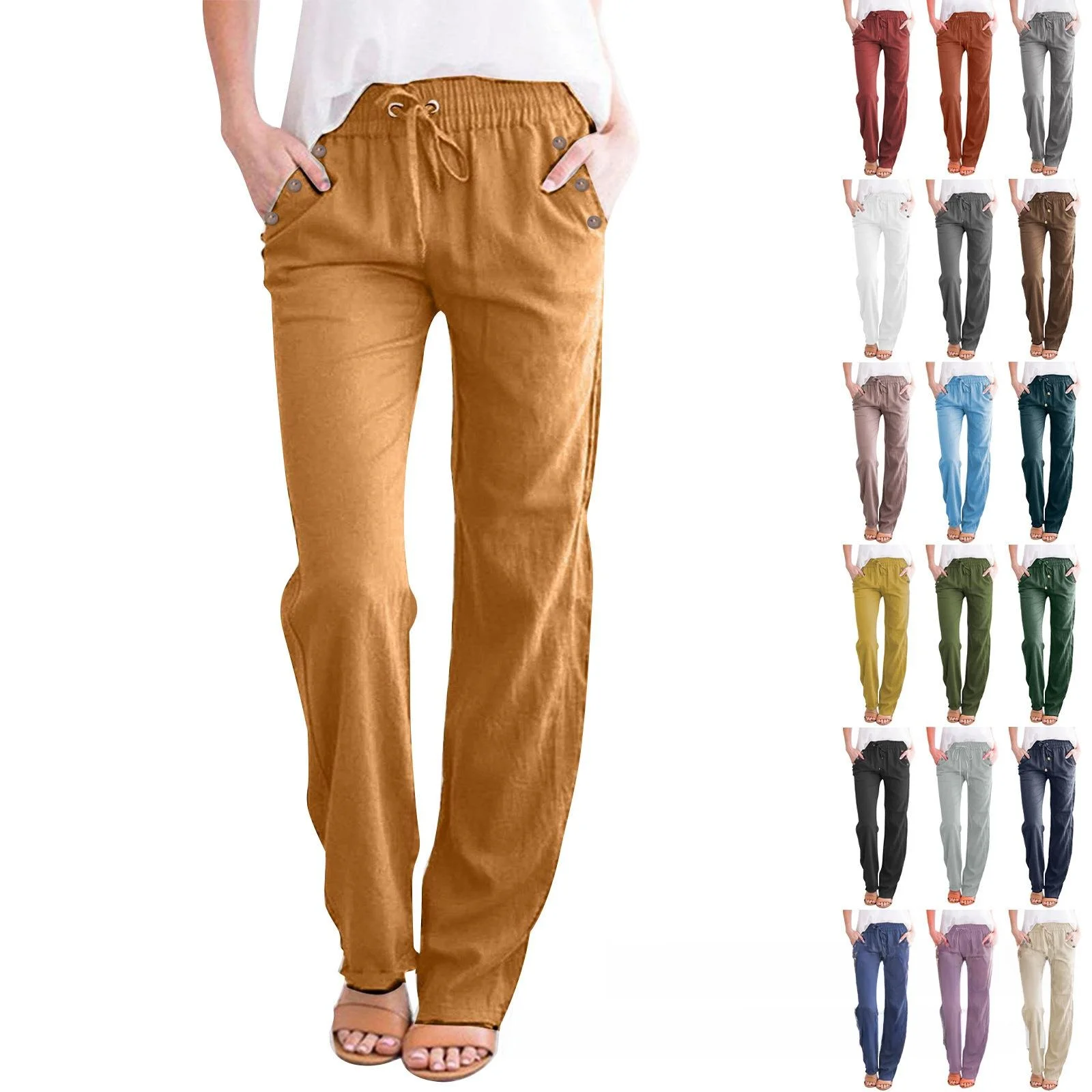 

Хлопковые льняные брюки с широкими штанинами и завязками, женские повседневные прямые брюки с завышенной талией, весенний сезон, для женщин среднего возраста