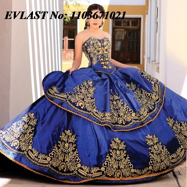 

EVLAST Shiny Royal Blue Quinnceanera Dress Ball Gown Gold Embroidered Beaded Corset Mexican Sweet 16 Vestidos De 15 Anos SQ521