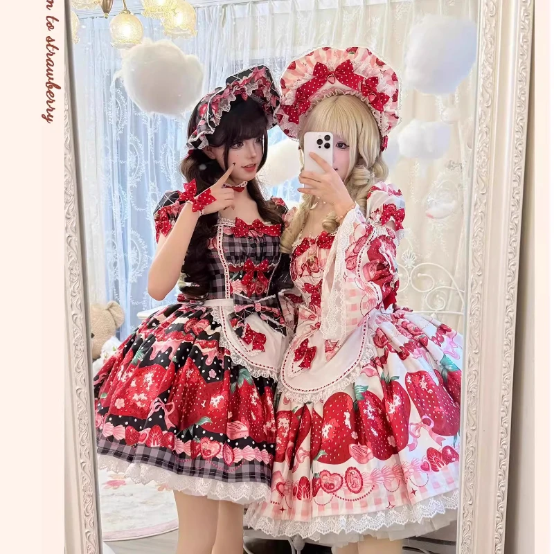Sweet Strawberry Print Lolita Dress Op Summer New Japanese Girls Cute Bow Kawaii Sling Dress Jsk Loli Lo Cos Dress Apron Set