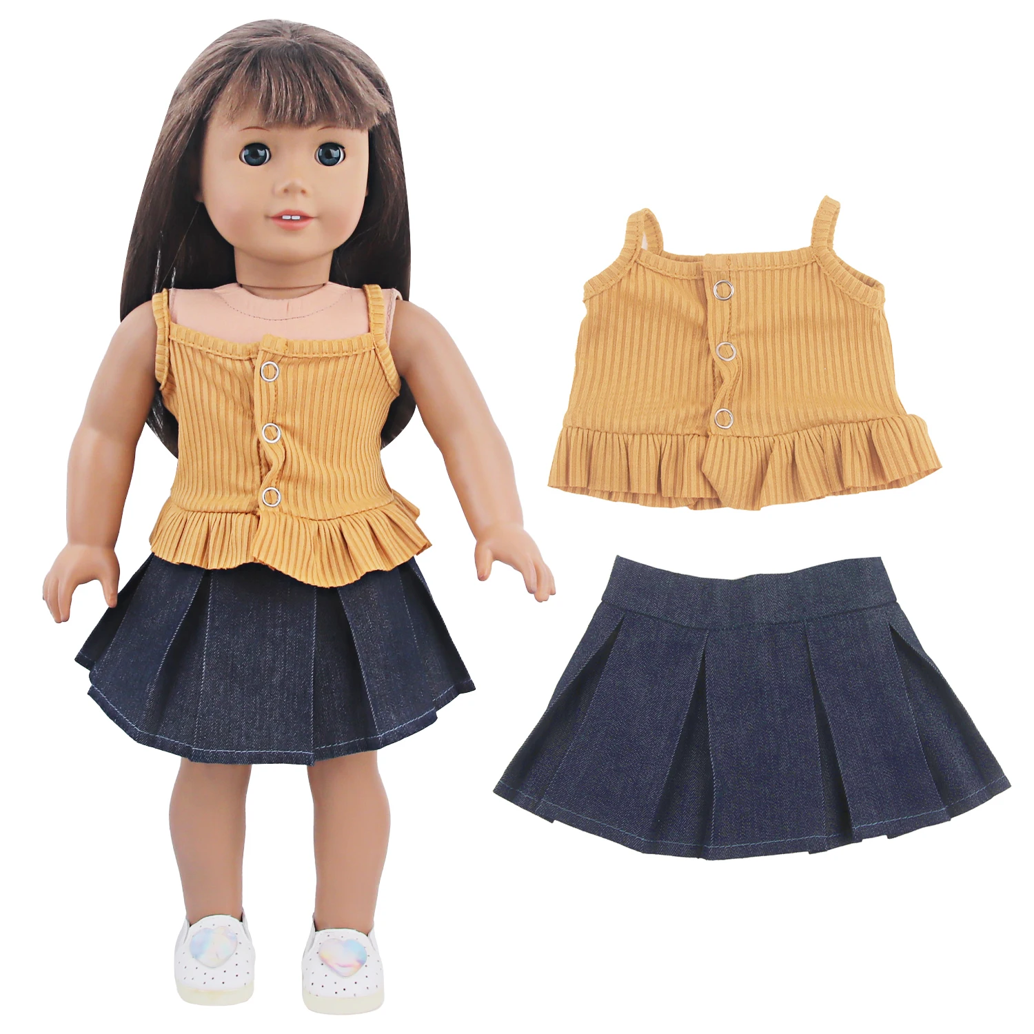 Doll Clothes Set Ribbed Cami Top Denim Pleated Skirt + Heart Shoes Outfit Fit 18 Inch American & OG Girl Dolls Toy Accessories
