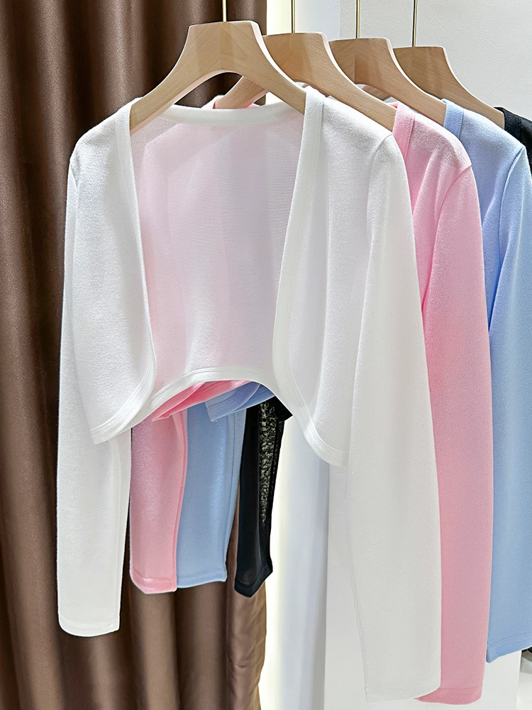 

White Ice Silk See tough Knitted Cardigan Women's Summer Tank Top Cover up Dopane awl Knitted Top