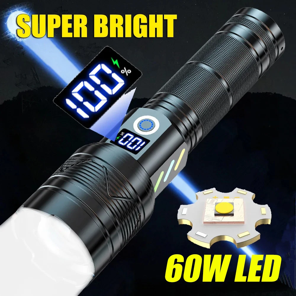 

Powerful 60W LED Flashlight USB Rechargeable Tactical 26650 Torch with Power Display Super Bright Long Range Camping Lantern