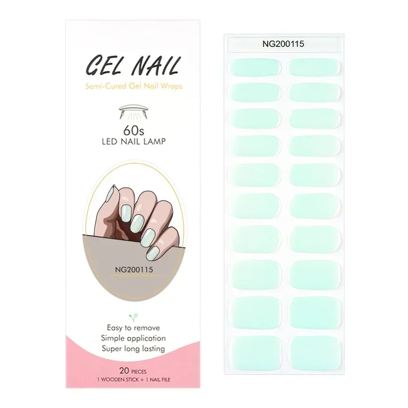 16/20/22 Strips Semi-cured Gel Nail Stickers Solid Color Semi-baked Nail Tips Full Cover Nail Decals UV Led Lamp for Nails Need