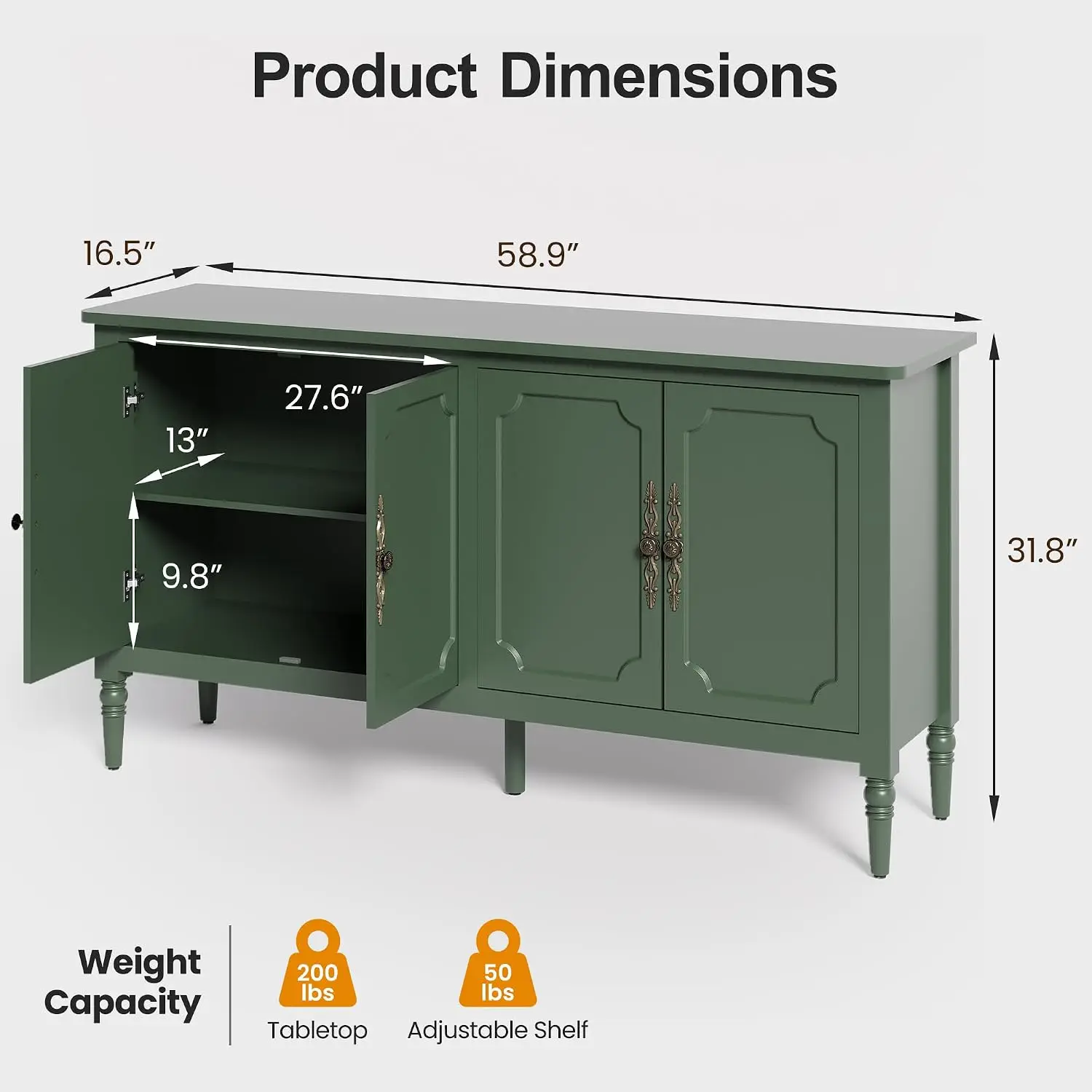 Vintage Sideboard Buffet Cabinet With Storage, Mid Century Modern Credenza Cupboard, Wood Kitchen Coffee Bar Station With Adjustable Shelves, Free Standing Accent Storage Furniture, Forest Green