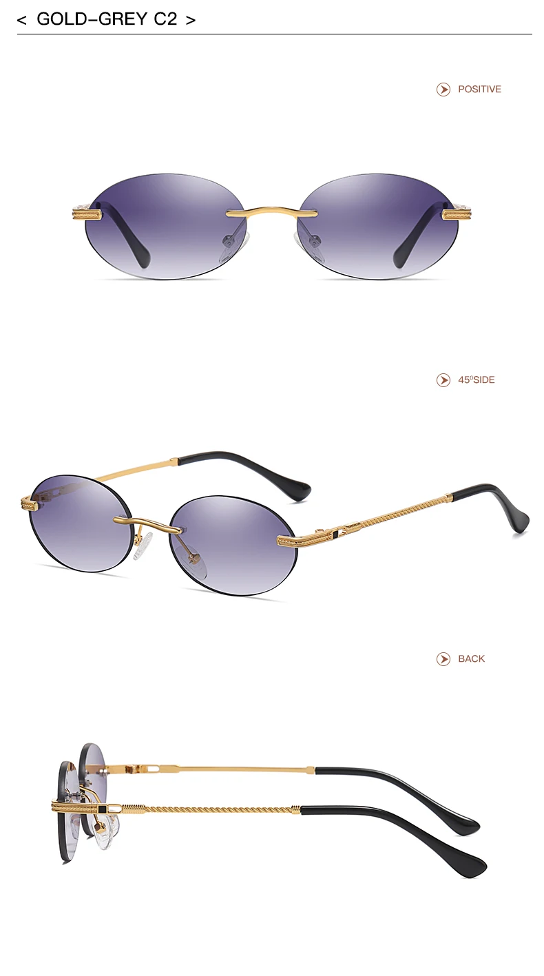 Retro Ovale Sonnenbrille Randlos Herren Blau Verspiegelt Gold Metall Herrenbrille Rund Rahmenlos Damen UV400 – Detail 13