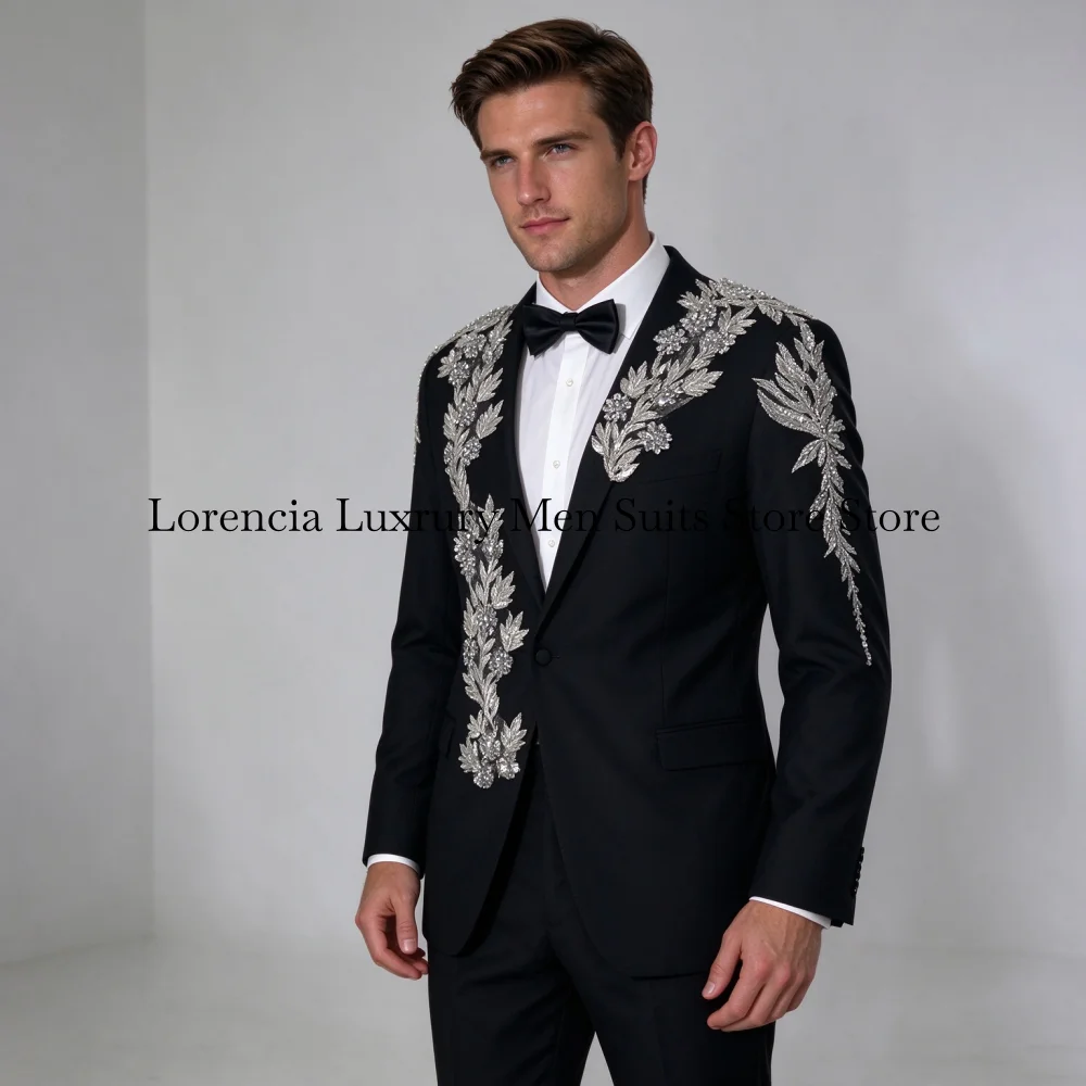Elegant Diamond Sequin Men Suit 2 Pieces Set Male Party Blazers Customized Groom Wedding Tuxedos Slim Jewelry Trajes Para Hombre