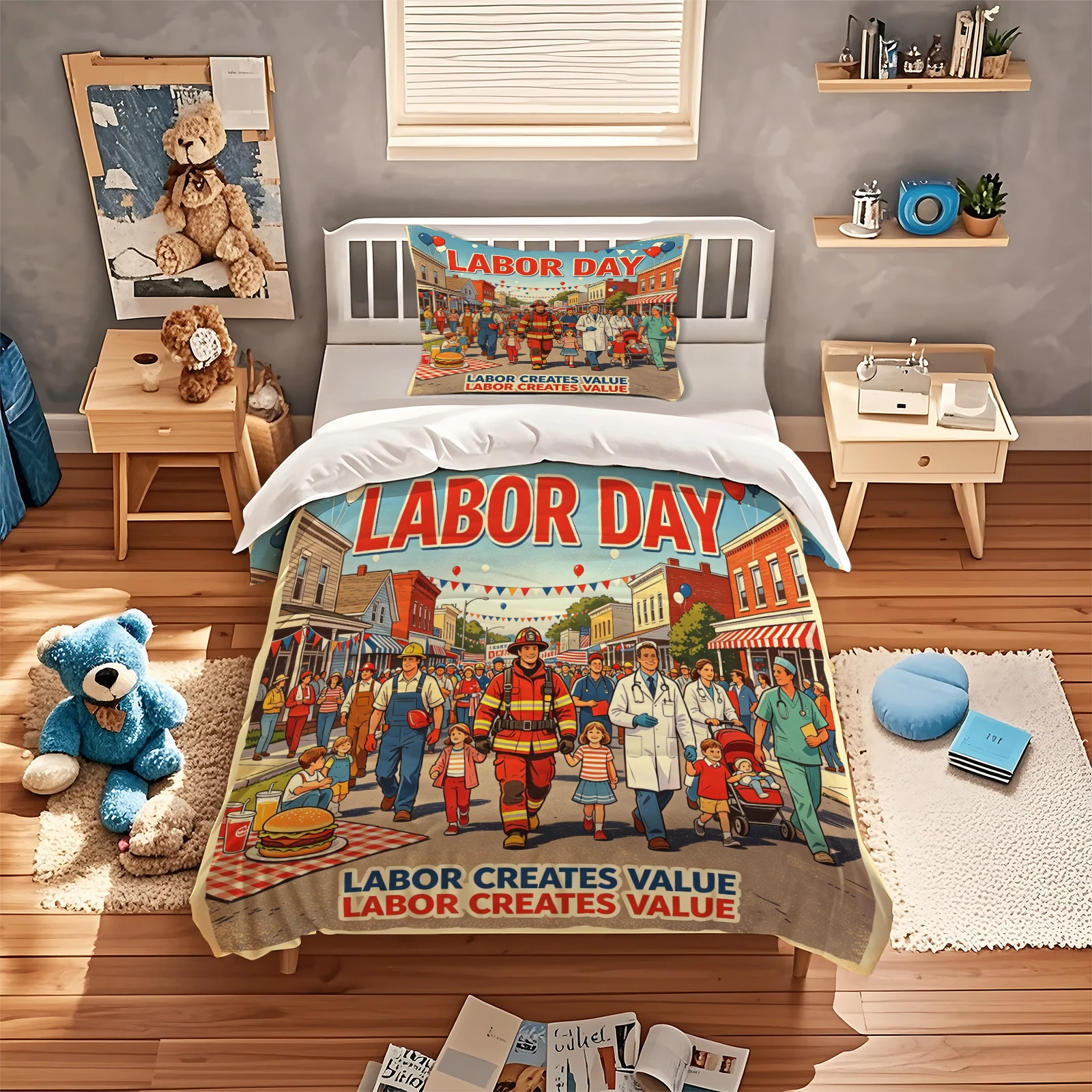 Unique Labor Day Duvet Cover Set Retro Parade Workers Street Scene Bedding Set Labor Creates Value Decor Comforter Cover Holiday