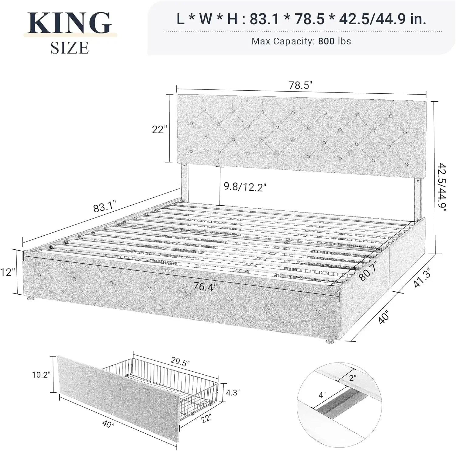 Furniture supplies  King Size Black Metal Faux Leather Platform Bed Frame with 4 Drawers