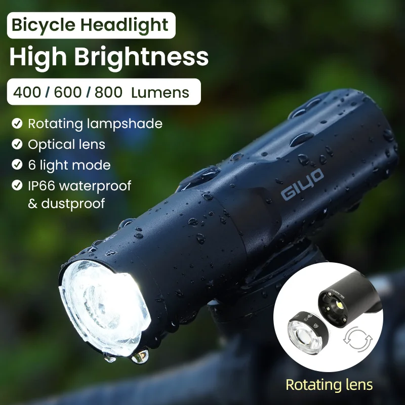 Giyo Rotating Lens Bicycle Flashlight 400 to 800Lm Night Cycling Front Light IP66 Waterproof USB Charge MTB Road Bike LED Torch