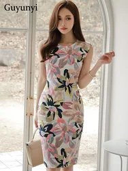 High Waist Tight Dress Summer Simple Temperament Party Dress Floral O-Neck Sleeveless Sheath Elegant Office Lady Dress