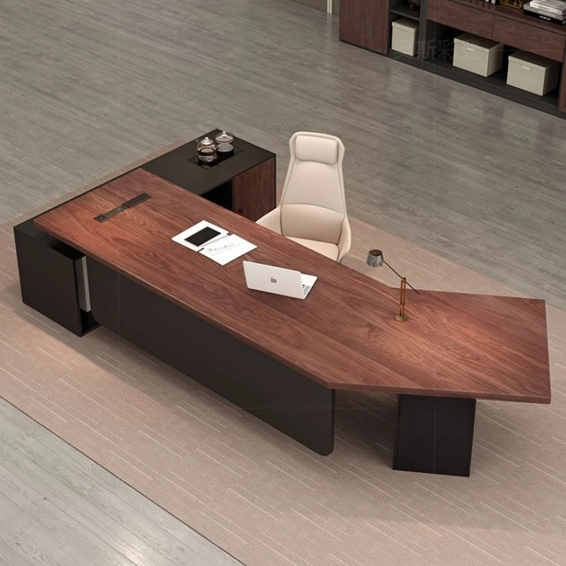 *Modern Luxury high-end solid wood office computer desk simple modern creative special-shaped boss table with side cabinet