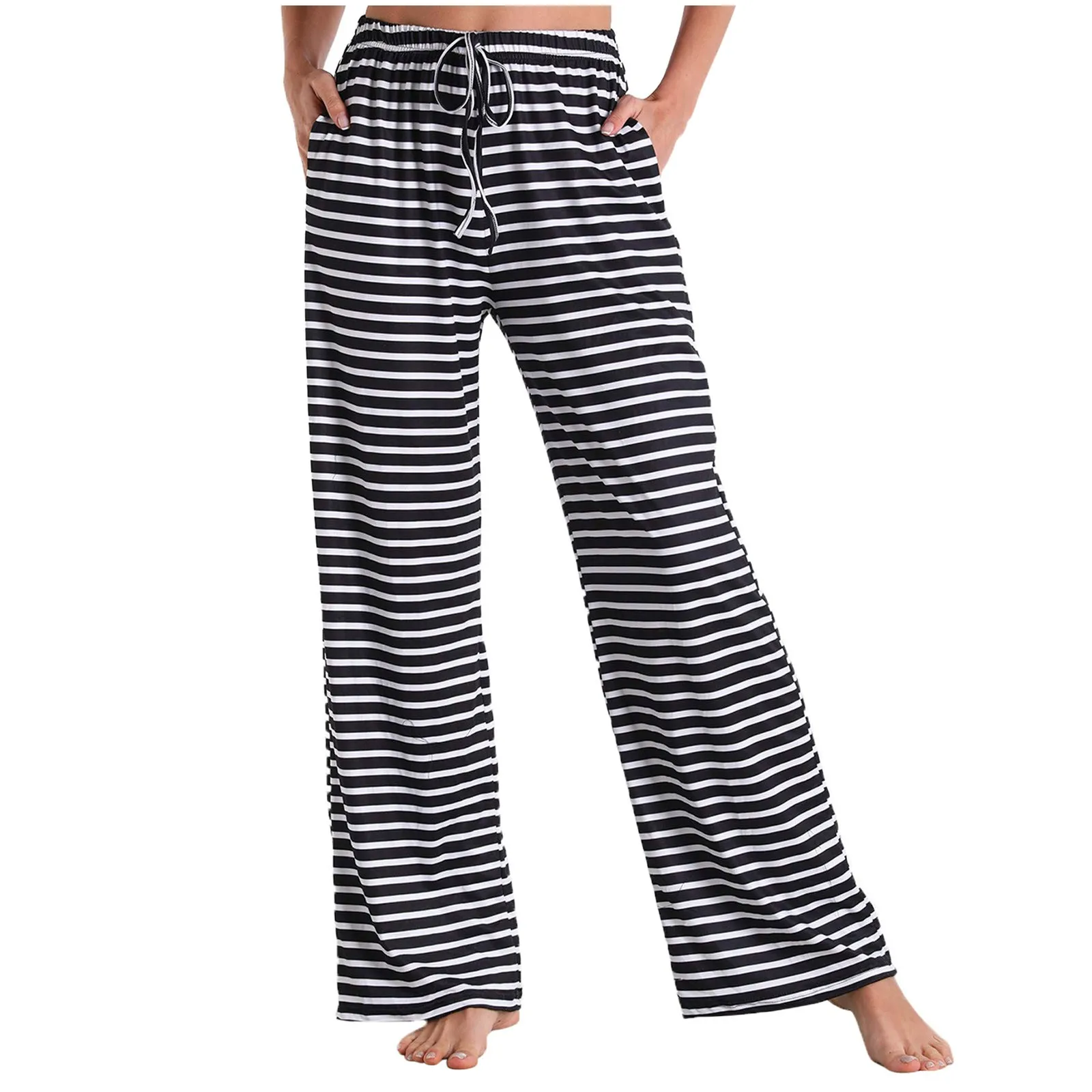 

Spring Summer Loose Women's Casual Pants 2024 New Fashion Striped Print Cotton Blend Homewear Loungewear Wide Leg Pants