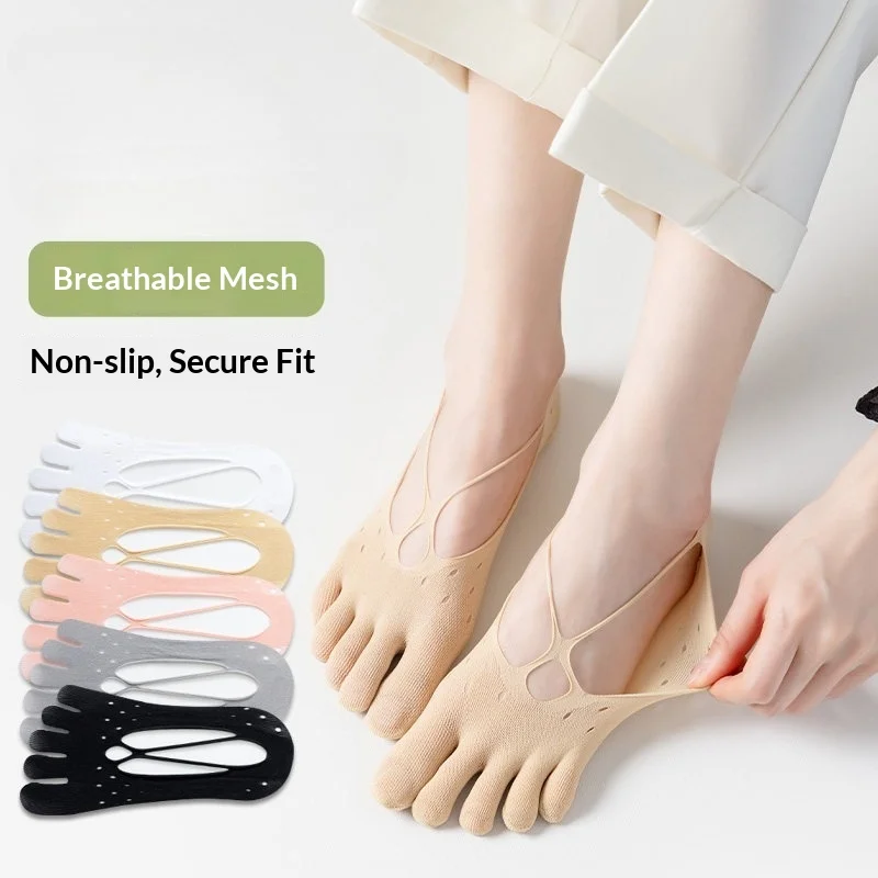 Women Summer Thin Funny Split Toe Socks Silicone Non-slip Sweat-absorbent Low-cut Tabi Socks Mesh Breathable Sling Liner Socks