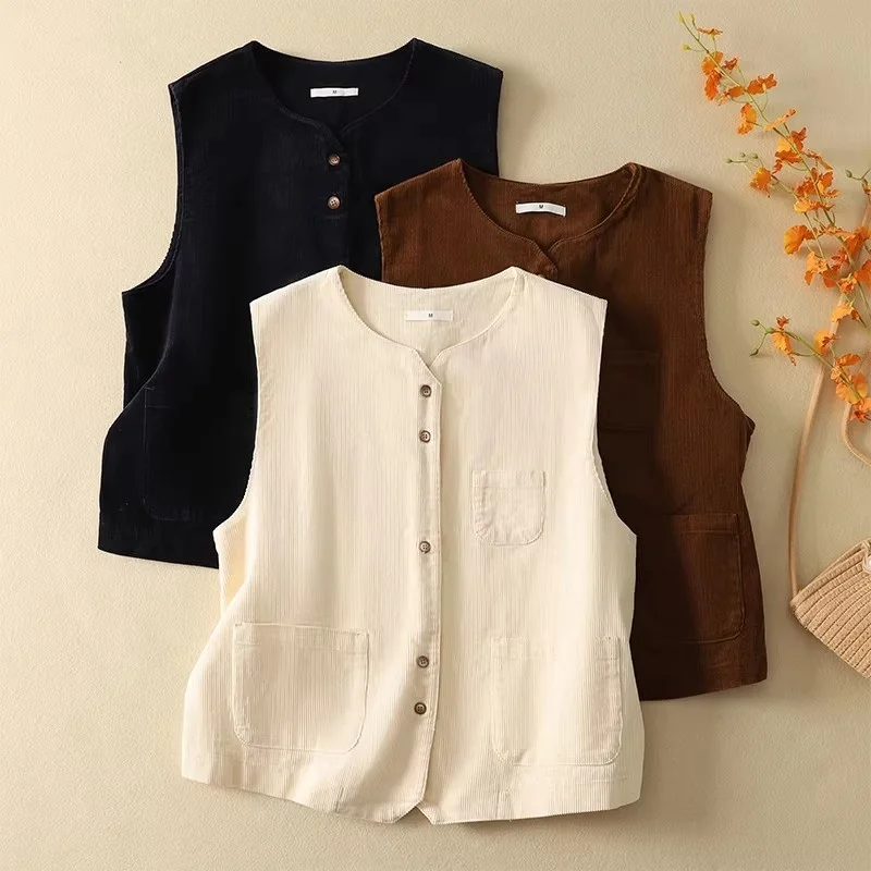 Corduroy Vest for Women - Japanese Style Solid Color Layered Vest, Artistic Retro Single-Breasted Top with Pockets w2414