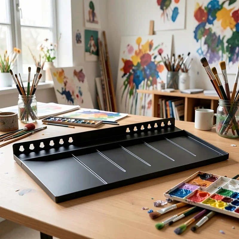 1Pc Painting Tray Attachment, Matte Black Art Supply Shelf with Raised Lip for Painting and Sketching Storage Racks