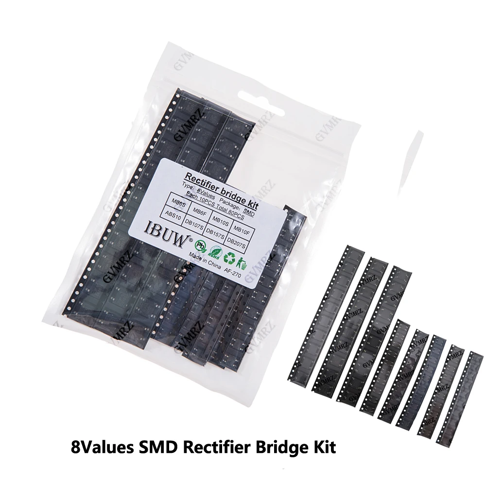 80PCS 8Values SMD Rectifier Bridge Kit MB6S for AC-DC Power Conversion & Electronic Circuit Repair Projects DB207S MB6S MB10S