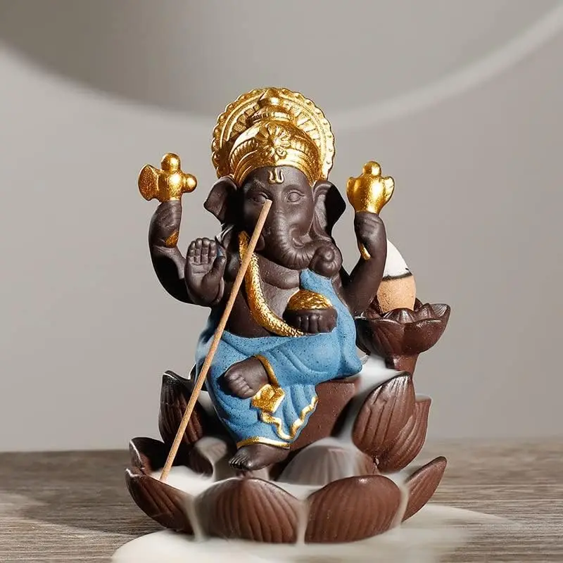 

Purple Sand Ganesha Backflow Burner Elephant God Emblem Auspicious and Success Ceramic Censer Stick Holder for Office Decor (