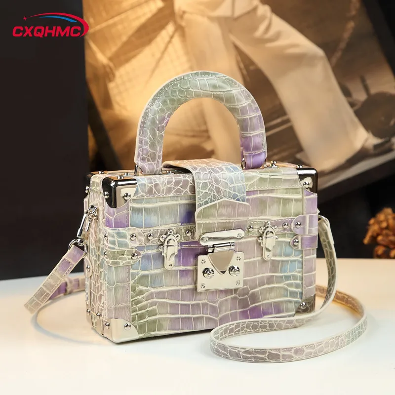 Luxury Fashion Genuine Leather Women Handbags Stone Pattern Ladies Small Squre Hard Box Bag Portable Shoulder Messenger Bags