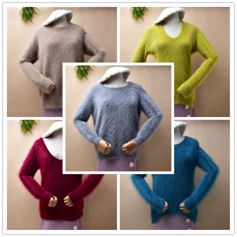 Female Women Fall Winter Clothing Hiary Mink Cashmere Knitted O-Neck Long Sleeves Slim Blouses Angora Pullover Jumper Sweater