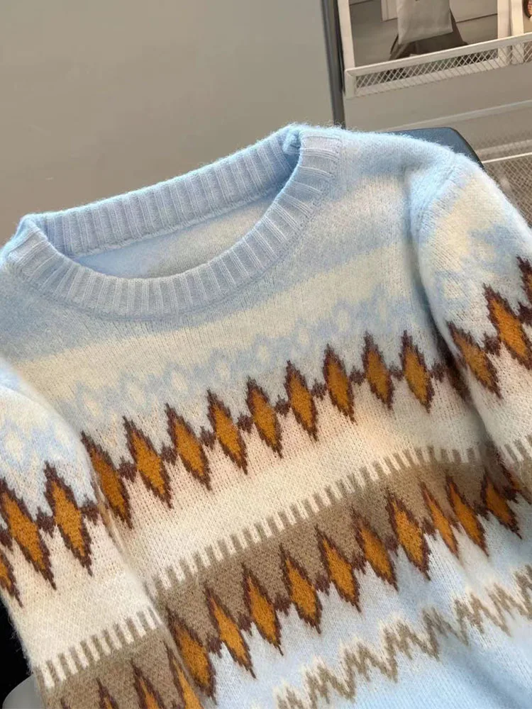 Imagem -03 - Suéteres com Gola em o com Estampa Vintage Americana para Mulheres Estilo Coreano Pulôver de Malha Azul Grande Jumper Solto Casual Nova Tendência Boêmia