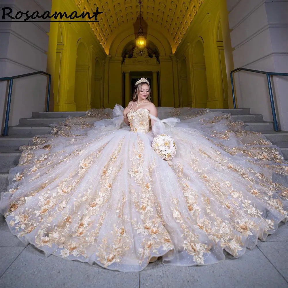 Prinzessin von der Schulter Kristall kugel Kleid Quince anera Kleider Gold 3d Blumen Applikationen Spitze Korsett Vestidos de 15 Años