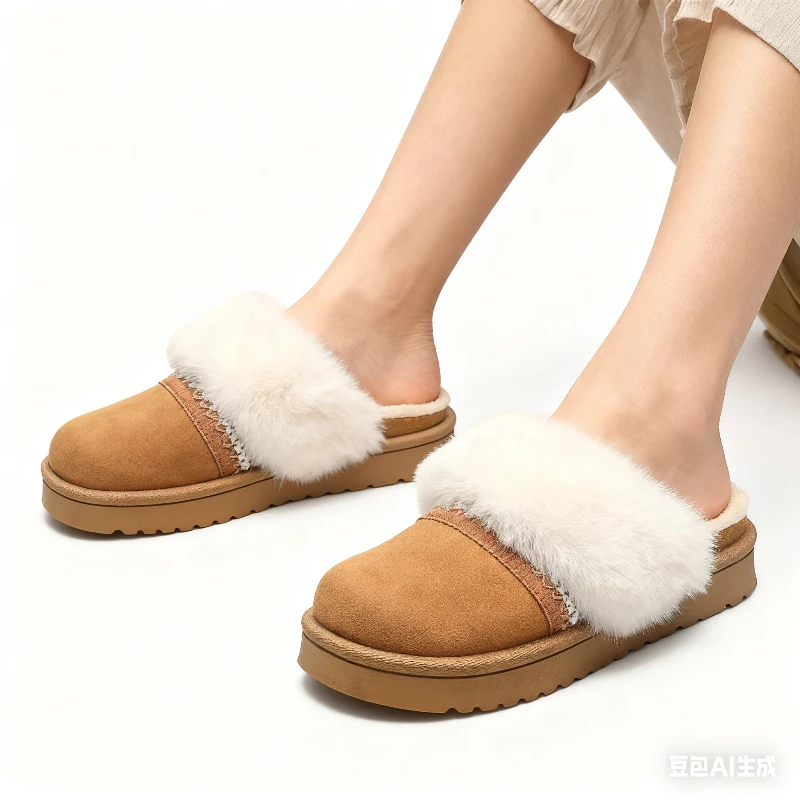 2025 Winter Suede Comfort Thick Sole Flat Slippers Fashion New Round Head Warm Large Size Casual Slippers for Women