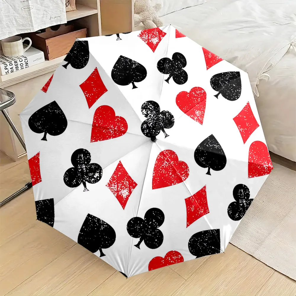 Red and Black Playing Cards Pattern Foldable Umbrella Compact Fashion Folding Umbrella for Daily Use, Christmas Gift