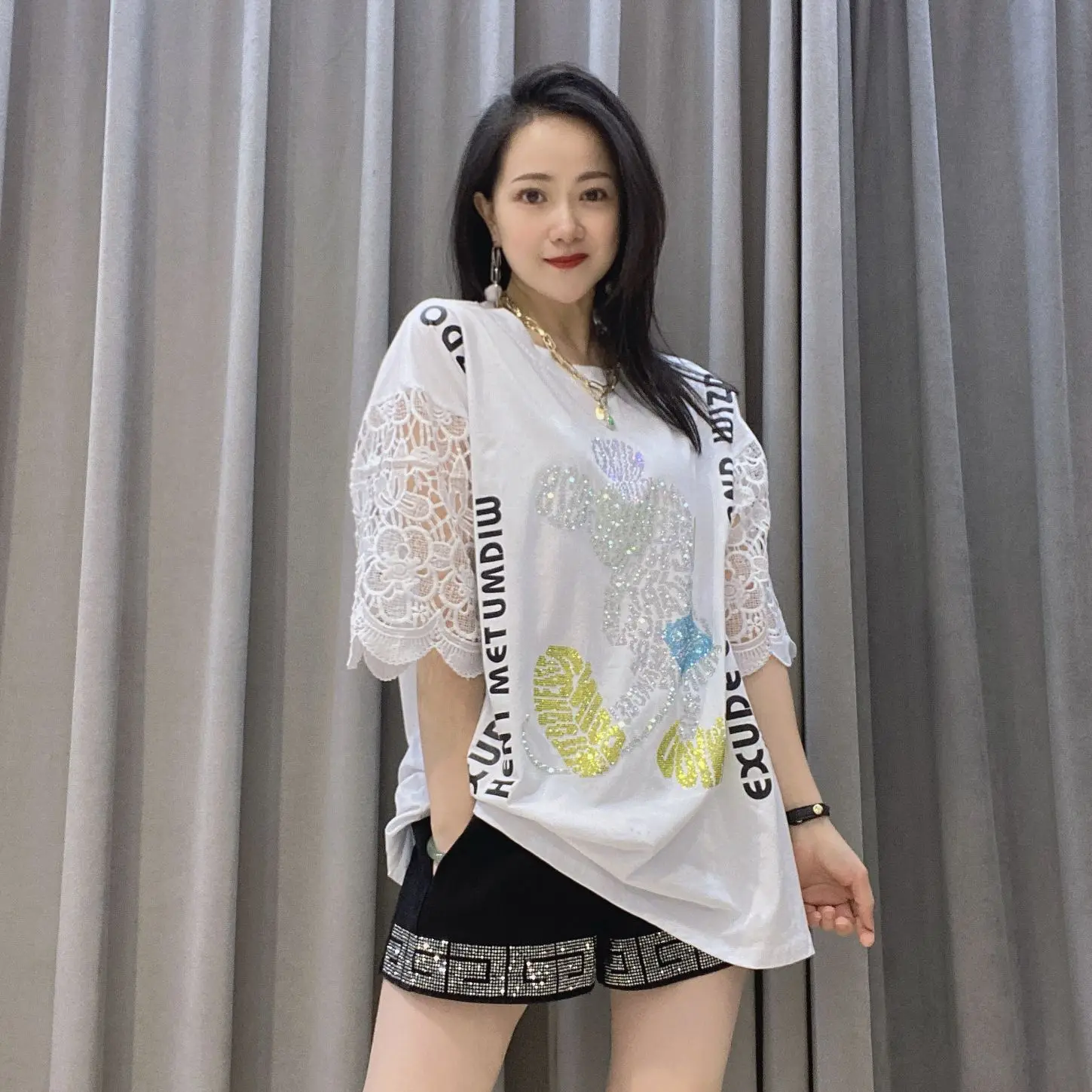 Fashion Lace Sleeve T Shirt for Women Summer Clothing Casual Cartoon Pattern Diamonds Loose O Neck Female Tops Tee топ женский