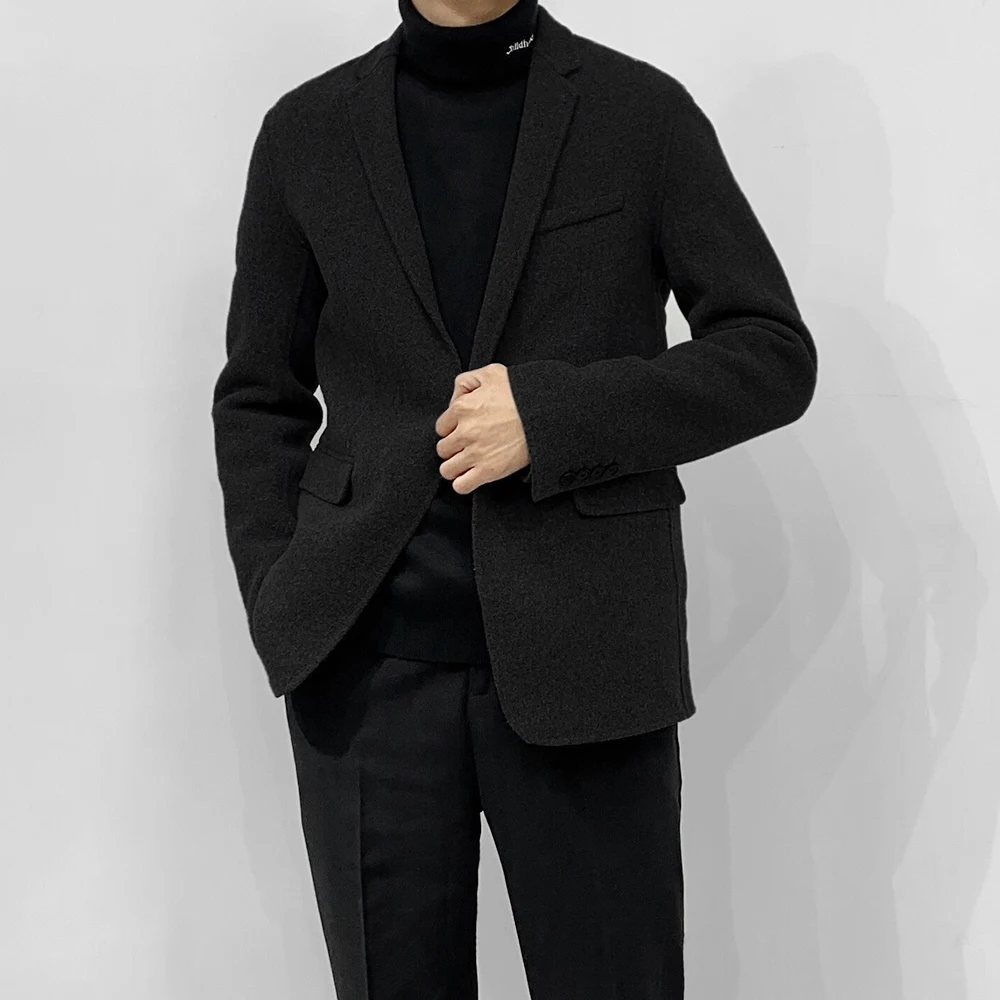 

Single-Button Long-Sve Double-Faced Woolen Casual Pure Color Men's Suit Jaet Faionable Urban Sle Winter Ou...