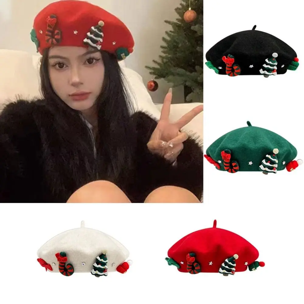 Nowa świąteczna czapka Beret Urocza wełniana czapka Beanie Solid Color Winter Painter Hats Winter Warm Wool Beanie Cap Fashion Women Girls Hat