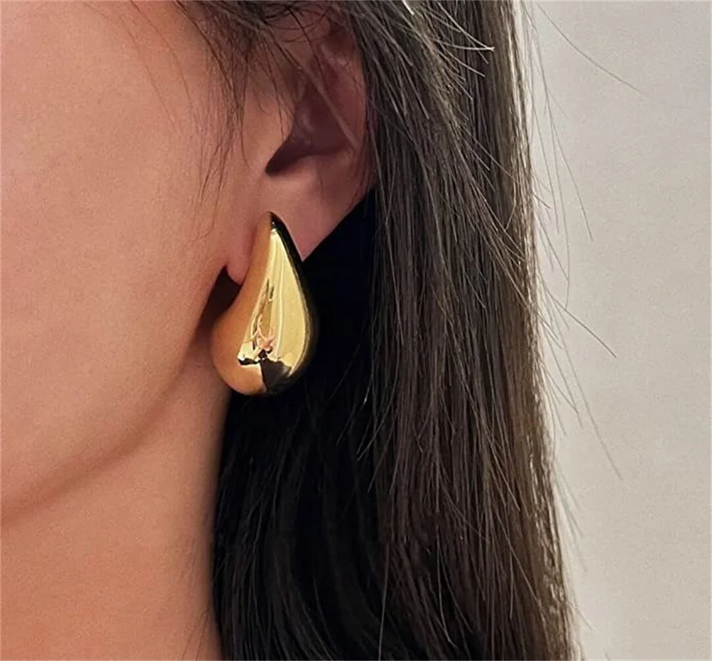 Vintage Gold Plated Chunky Dome Drop Earrings For Women Glossy Stainless Steel Thick Teardrop Earrings Dupes Lightweight Hoops