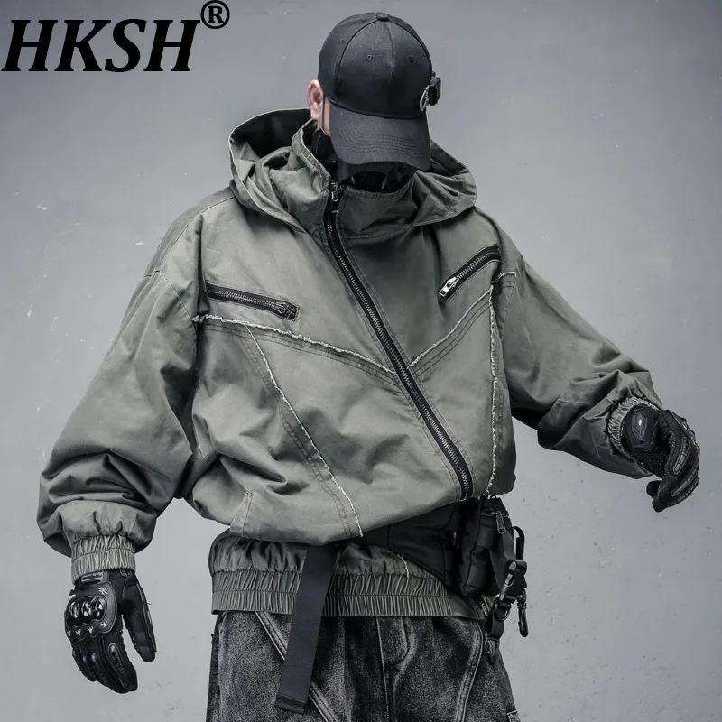 

HKSH Autumn Winter New Man Waste Land Washed Vintage Patchwork Frayed Hooded Turtleneck Warm Jackets Fashion Padded Coat HK13382