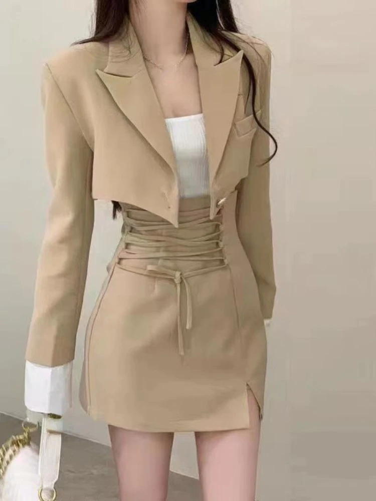 

Hikigawa Chic Fashion Long Sleeve Women Coat +Slim All Match Bandage Slim Waist Tunic Skirts + Basic T-shirts 3 Set Ropa Mujer