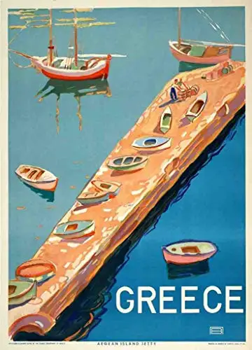 Greece Aegean Island Greek Travel 1940s Jetty Boats Metal Tin Sign 8x12 Inch Decor