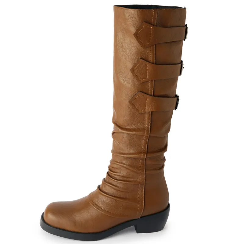 Botas hasta la rodilla de cuero genuino para mujer, zapatos de tacón grueso con cremallera, estilo occidental, opcionales