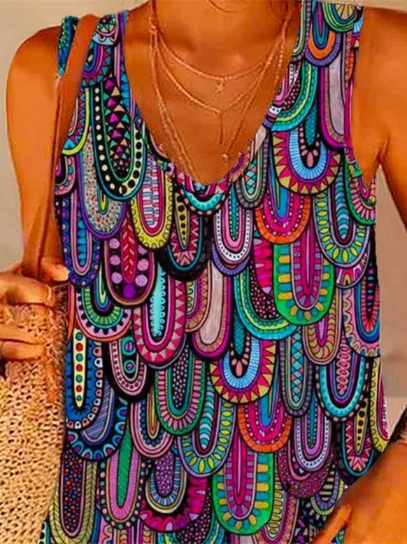 Plus Size Women's Colorful Sleeveless V-Neck Graphic Printed Top