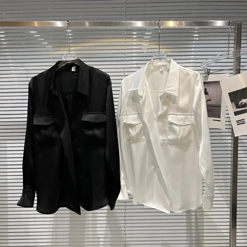 Spring Autumn Fashion Cotton Double Pocket Shirt Top Female Long-sleeved Lapel Loose Single-breasted Blouse Women