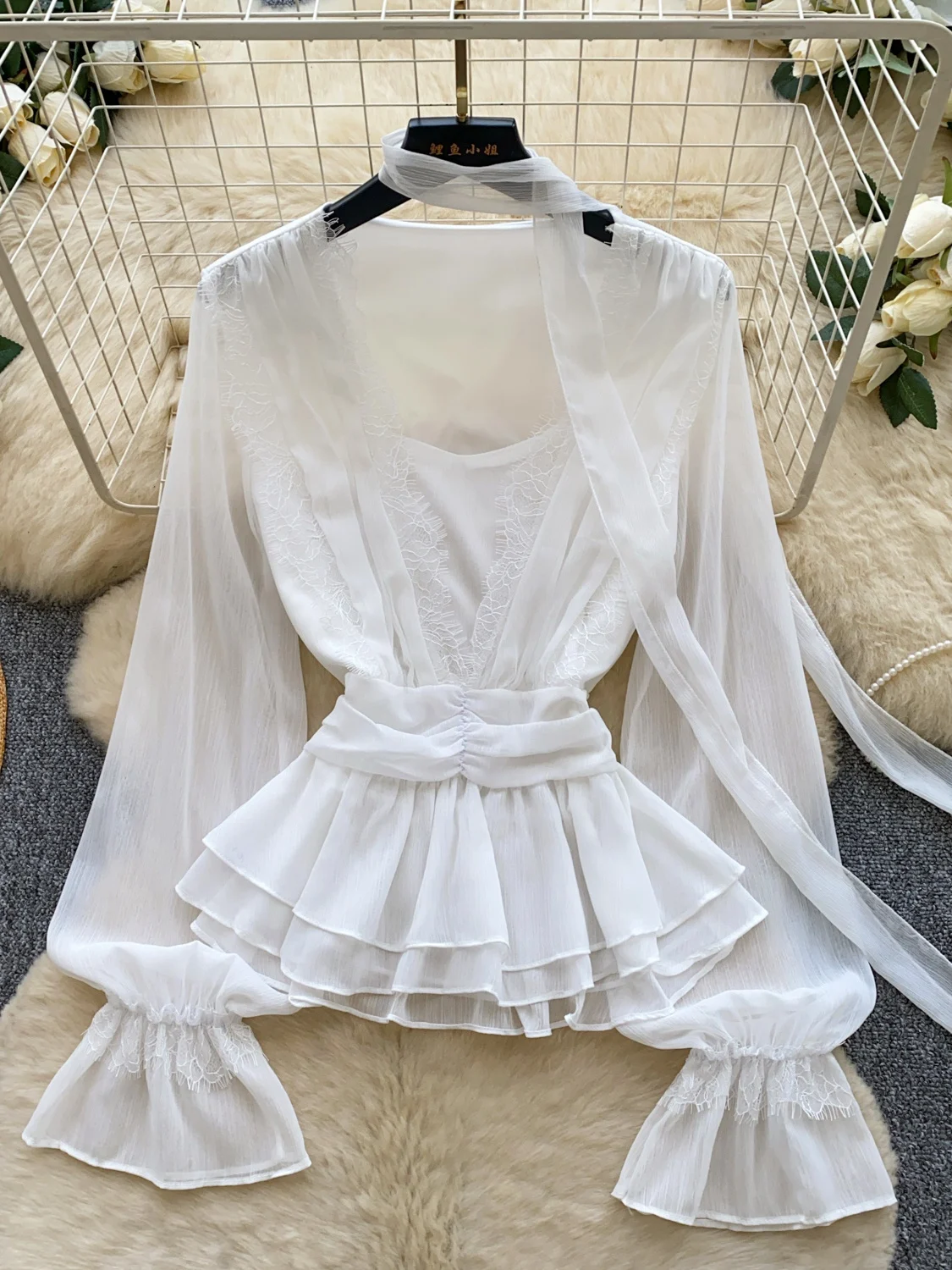 Sweet Style V-Neck Lace Splice Sash Women's Shirt Gathered Waist Bell Sleeve Age-Defying Top for Young Women Autumn Fashion