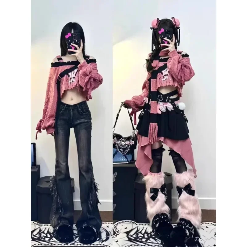 

Винтажный сексуальный пуловер с нерегулярным бантом, милый укороченный топ Kawaii Sueter Mujer, весенне-осенний новый японский женский свитер Y2K