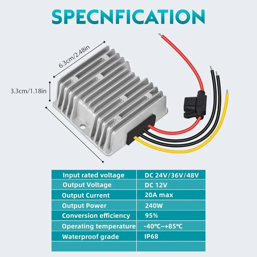 DC to DC 24V 36V 48V Step Down to 12V 20A 240W Converter Golf Cart Voltage Reducer Regulator Waterproof Transformer with Fuse