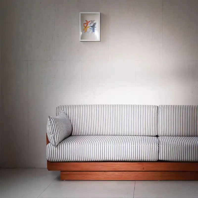 

Nordic medieval niche designer solid wood cotton and linen fabric sofa retro small apartment living room striped fabric sofa