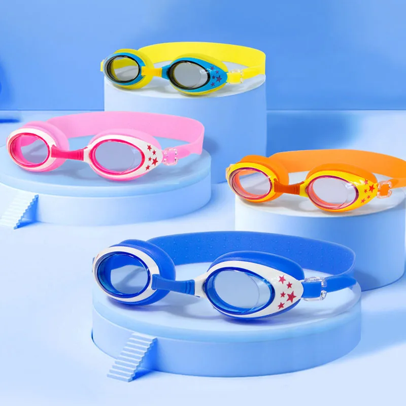 1 x wasserdichte Anti-Beschlag-Schwimmbrille aus Silikon für Kinder, farbige Gläser, für Kinder im Alter von 3–15 Jahren, verstellbare Schwimmbadbrille