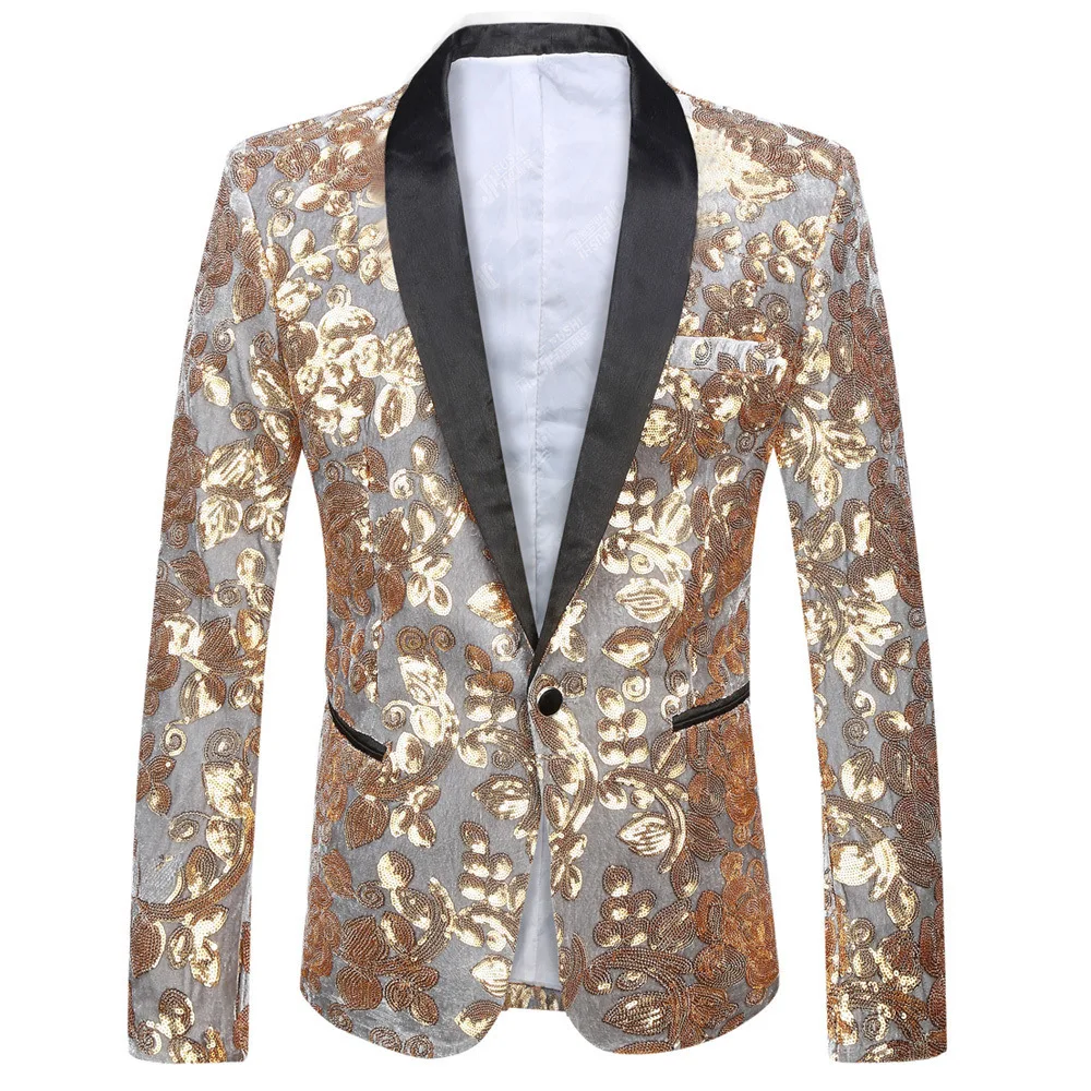 

Golden Men's Long-sleeved Suit Jacket, Printed Black Collar Single-button Coat, Wedding/Party/Stage Performance Blazers