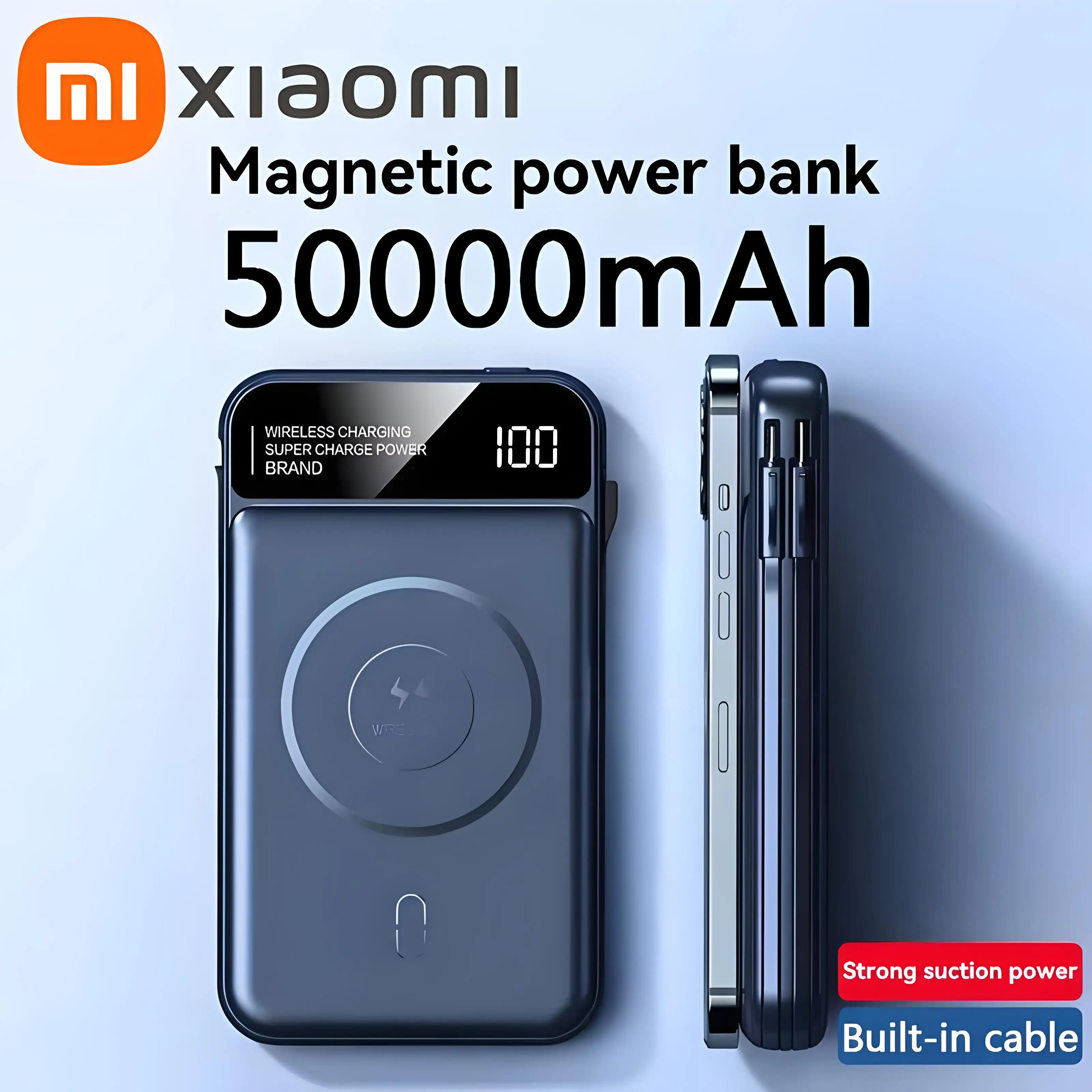 Xiaomi 50000mah Power Bank Wireless Charging Magsafe Power Bank Magnetic Charging Built-in Wire Mobile Phone Battery For Iphone